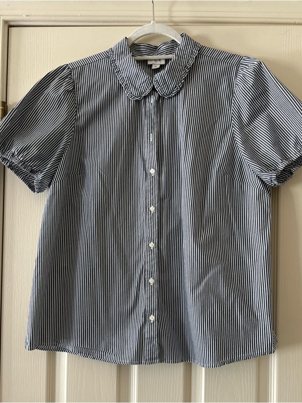J. Crew Blue and White Striped Short Sleeve Button-Up Blouse